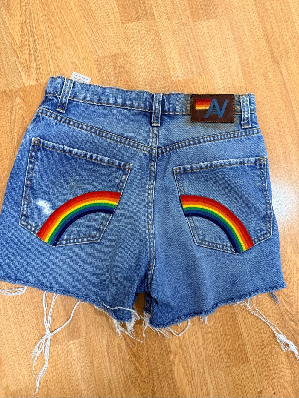 Aviator Nation Rainbow Patch High-Rise Denim Shorts - Blue